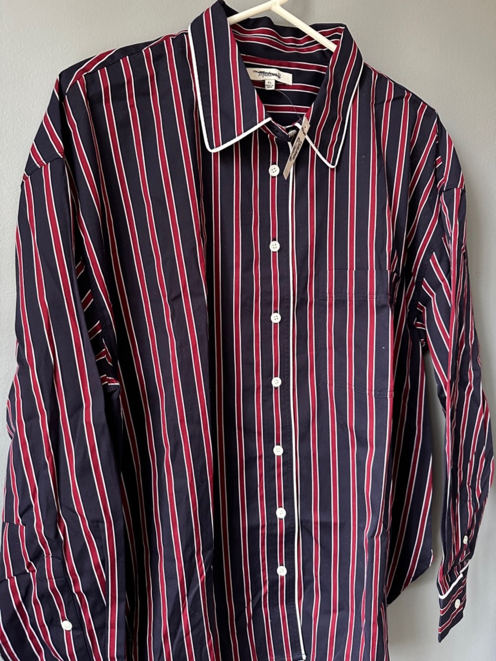 Madewell NWT long Button-Up Shirt in stripe poplin red blue women’s large - Picture 5 of 14